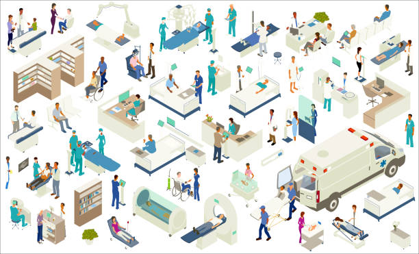 Isometric Medical Icons Isometric medical icons include scanning equipment (MRI, X-Ray, CT scan, CAT scan, etc), robot-assisted surgery, hospital beds, hospital pharmacy shelves, examination tables, hyperbaric chamber, ambulance with gurney, NICU, ultrasound procedure, nurse's station and other desks, reception, kiosk screens, mammogram equipment, medical lab, and other furniture and equipment. People include chiropractor/massage therapist, surgeons, technicians, pharmacist, optometrist, pediatrician, paramedics, a nurse checking blood pressure, and a variety of other patients, doctors, and healthcare professionals. above illustrations stock illustrations