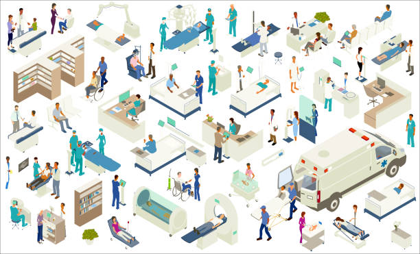 Isometric Medical Icons Isometric medical icons include scanning equipment (MRI, X-Ray, CT scan, CAT scan, etc), robot-assisted surgery, hospital beds, hospital pharmacy shelves, examination tables, hyperbaric chamber, ambulance with gurney, NICU, ultrasound procedure, nurse's station and other desks, reception, kiosk screens, mammogram equipment, medical lab, and other furniture and equipment. People include chiropractor/massage therapist, surgeons, technicians, pharmacist, optometrist, pediatrician, paramedics, a nurse checking blood pressure, and a variety of other patients, doctors, and healthcare professionals. place of research stock illustrations