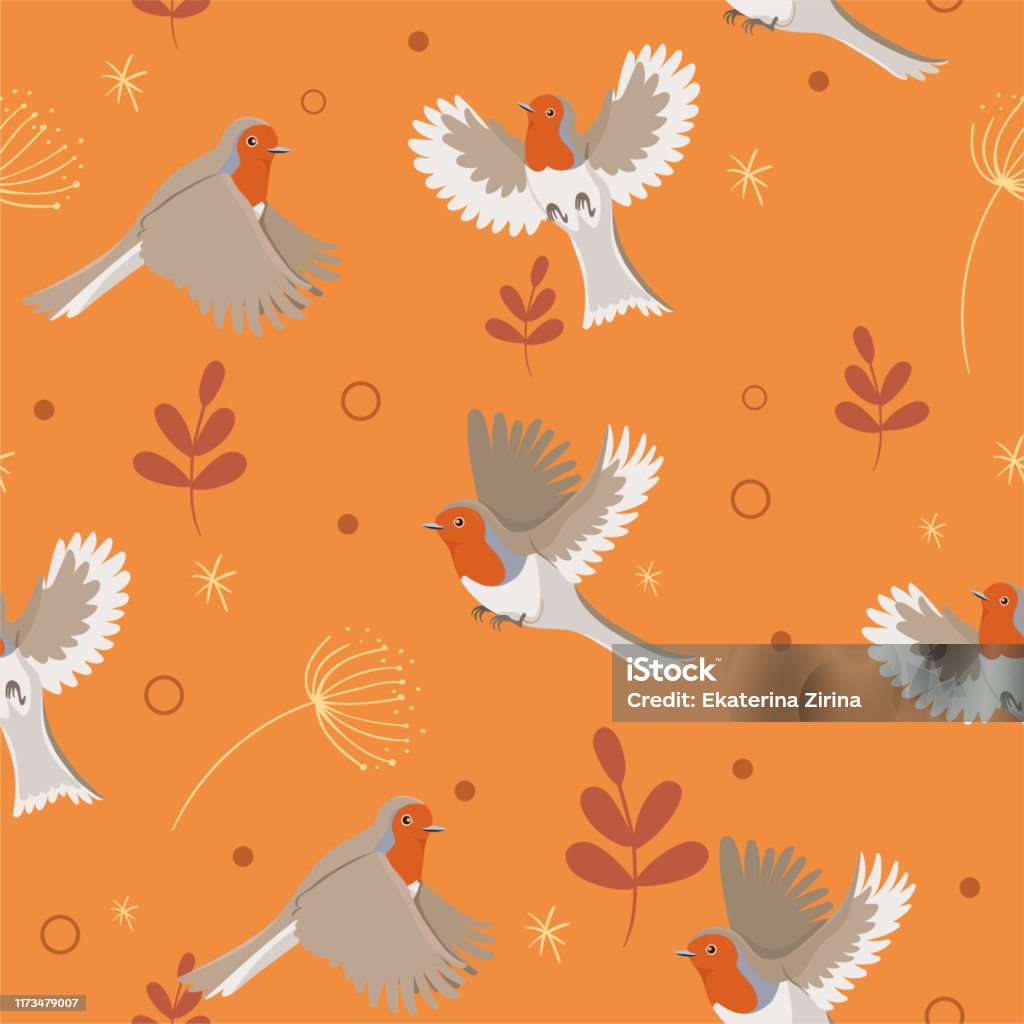 Robin Pattern Vector Robin Birds Seamless Pattern With Leaves Vector Image Stock ...