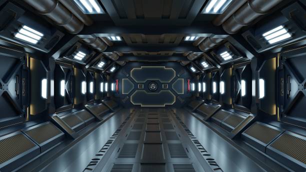 istock Science background fiction interior rendering sci-fi spaceship corridors Yellow light. 1173482905