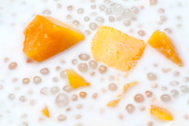 Sweet sago cream with mango and coconut milk, Close-up.
