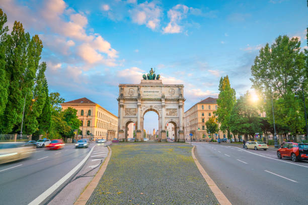 Siegestor (Victory Gate) triumphal arch in Munich, Germany (Text on the gate mean âThe Bavarian are hereâ)