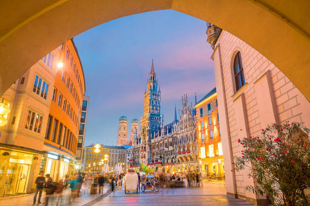 Munich skyline with Marienplatz town hall Munich skyline with  Marienplatz town hall in Germany munich city hall stock pictures, royalty-free photos & images