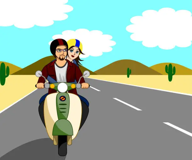 Vector illustration of The couple are riding a motorbike, traveling happily on the beautiful love road. Both sides were desert.