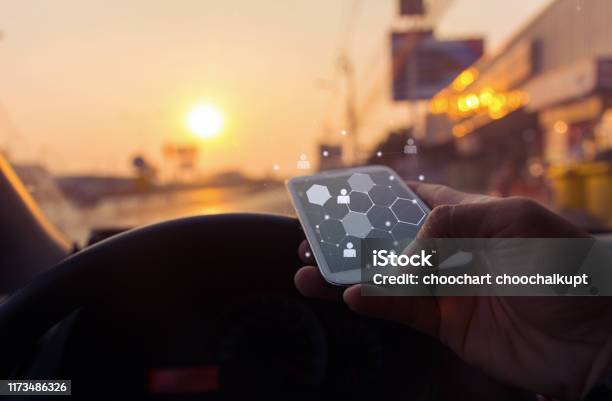 Close Up Of A Man Using Mobile Smart Phone With Map Icon In Car At Sunset Business Connection Network Conceptcopy Space Stock Photo - Download Image Now