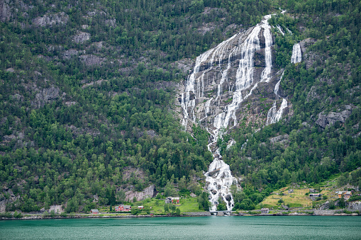 The beautiful staircase waterfall Ednafossen, Ædnafossen, Sagafossen, Staircase Waterfall, Odda, Hardangerfjord, Norway. Nikon D850. Converted from RAW.