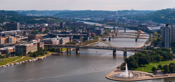 punkt wraz z ft duquesne, clemente, warhol, carson, weteranów i mccullough bridges wraz z parku pnc na allegheny river w słoneczny dzień, pittsburgh, pensylwania, usa - pnc park zdjęcia i obrazy z banku zdjęć