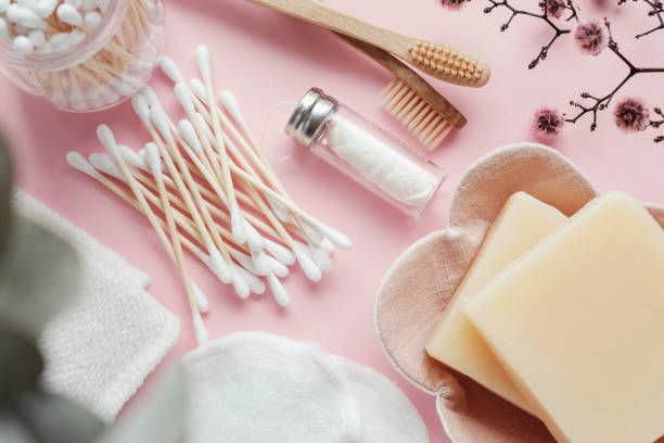 istock Bamboo earbuds, toothbrushes, natural floss, cotton makeup removal pads, shampoo and soap bars, plastic free, zero waste, reusable products for bathroom 1173492771