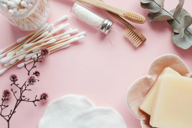 istock Bamboo earbuds, toothbrushes, natural floss, cotton makeup removal pads, shampoo and soap bars, plastic free, zero waste, reusable products for bathroom 1173493676