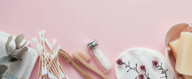 istock Bamboo earbuds, toothbrushes, natural floss, cotton makeup removal pads, shampoo and soap bars, plastic free, zero waste, reusable products for bathroom 1173493981
