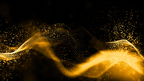 Gold color digital particles wave flow abstract technology background concept