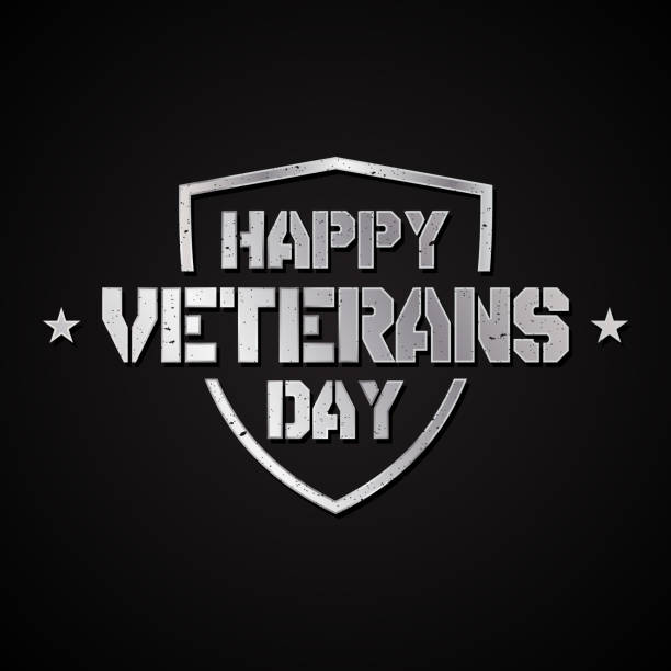 illustrazioni stock, clip art, cartoni animati e icone di tendenza di happy veterans day concept sfondo con scudo e stelle - army usa text metal