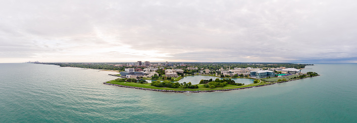 Aerial panoramic view of Northwestern University campus. Downtown Chicago is visible on the very left of the image.
