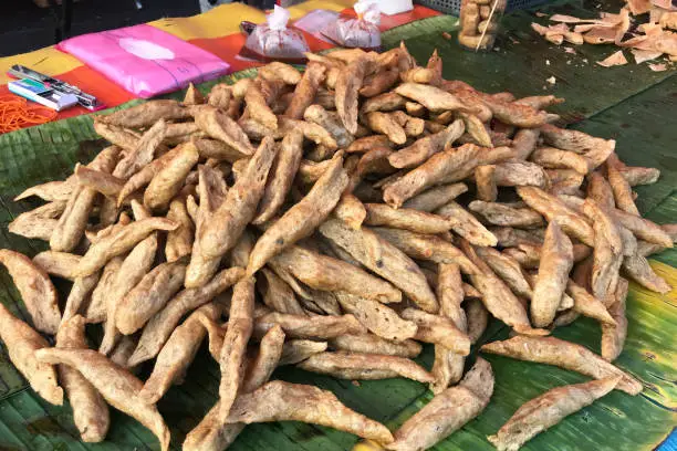 Photo of Keropok lekor (fish paste wet cracker) selling at the night market of Malaysia.