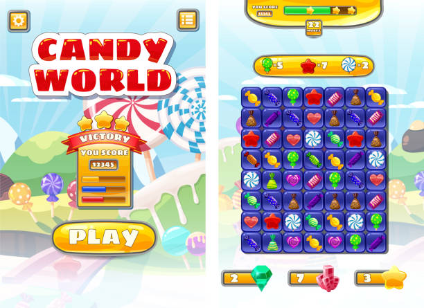 игра ui candy world match 3 набор игровых иконок, кнопок, а также элементы интерфейса игрового дизайна ресурса бар и иконки виды леденцы и сладкая еда - game stock illustrations