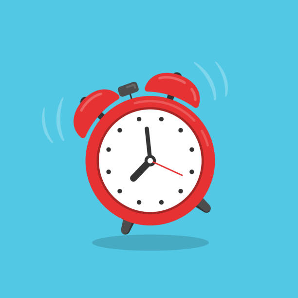 Red alarm clock isolated on blue background. Concept for wake up times or reminder. Vector illustration in flat style. school alarm stock illustrations