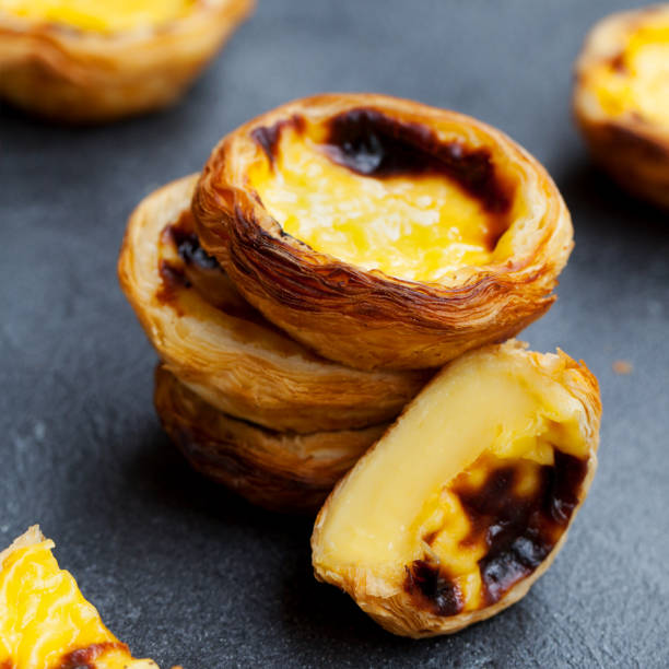 istock Egg tart, traditional Portuguese dessert, pastel de nata, pasteis. Slate background. Close up. 1173500802