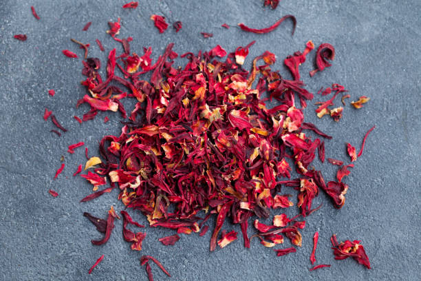 istock Hibiscus flower tea scattered on grey stone background. Copy space. Top view. 1173504048