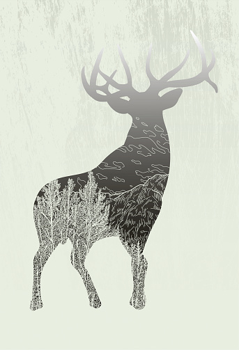 Modern elk silhouette featuring nature line art of the forest, mountains and clouds on a lightly textured background.