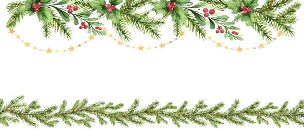 전나무 가지와 붉은 열매와 수채화 벡터 크리스마스 화환. - christmas frame wreath garland stock illustrations