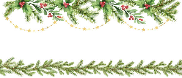 ilustrações, clipart, desenhos animados e ícones de grinalda do natal do vetor da aguarela com filiais do abeto e bagas vermelhas. - christmas frame wreath garland