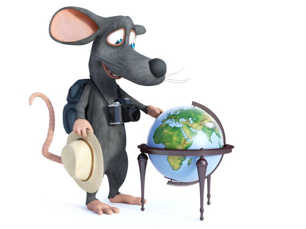 3D rendering of a cartoon mouse tourist backpacking.
