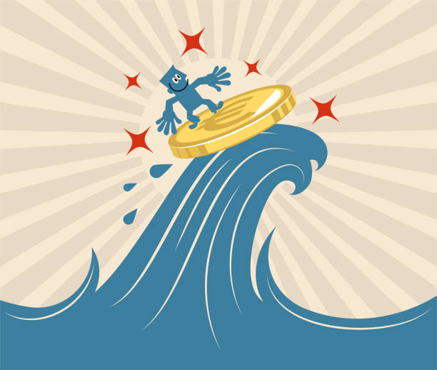 illustrazioni stock, clip art, cartoni animati e icone di tendenza di uomo d'affari sorridente che naviga sull'onda del mare con moneta euro d'oro (valuta dell'unione europea) - european union coin illustrations
