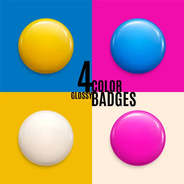 Vector illustration of Set of four colorful glossy badges or buttons. Can be used as volunteer label, emblem, round plastic pin. 3d render. Vector.