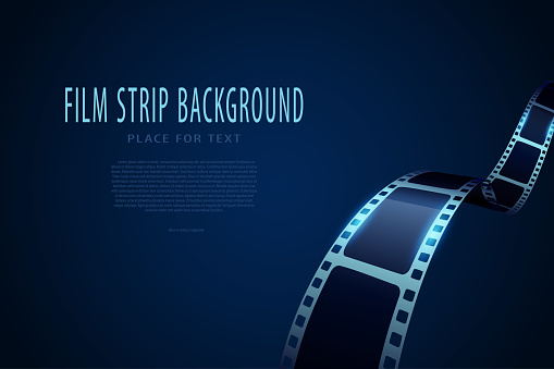 Modern 3d realistic film strip isolated on blue background. Vector cinema festival. Film reel stripe cinema. Movie and film template can be used of backdrop, brochure, leaflet, poster, banner or flyer