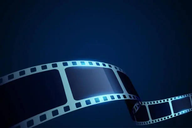 Vector illustration of Realistic 3d Film reel stripe cinema on blue background with place for text. Modern 3d isometric film strip in perspective. Vector cinema festival. Movie template for backdrop, brochure, leaflet.