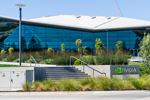 September 9, 2019 Santa Clara / CA / USA - Entrance to Nvidia Endeavor office building at the Company's corporate Headquarters in Silicon Valley; the NVIDIA logo displayed on the right