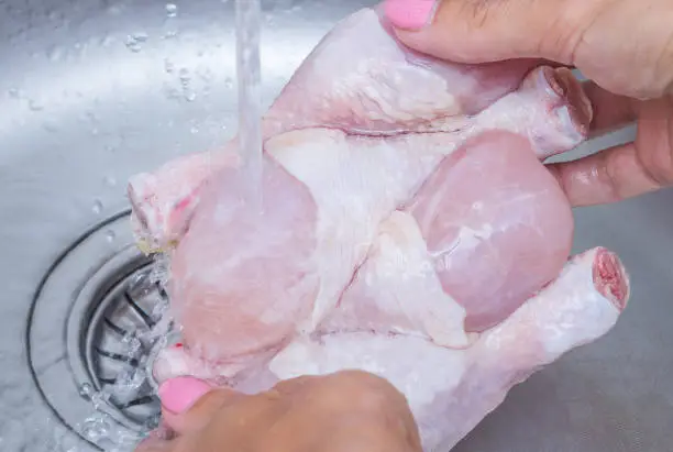 Photo of Woman washing raw frozen hen in kitchen sink. Cooking chicken at home. Close-up, selective focus.