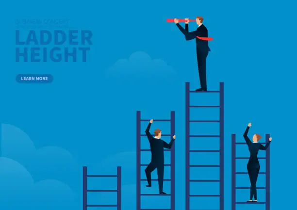 Vector illustration of A group of businessmen climb ladders of different heights