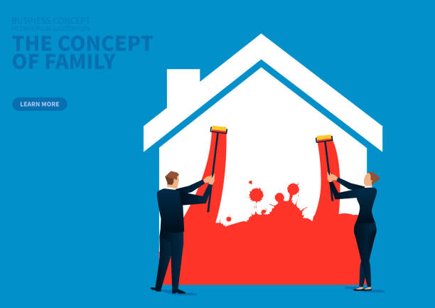 ilustrações de stock, clip art, desenhos animados e ícones de family concept, men and women businessmen paint house together - pintar parede