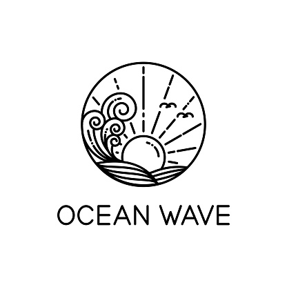 vector design of ocean waves and sunshine line art style isolated white background