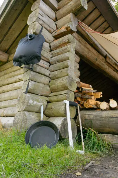 Shelter and survival equipment in the Dalsland Lake District in Sweden during summer