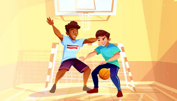 Vector illustration of College boys play basketball vector illustration