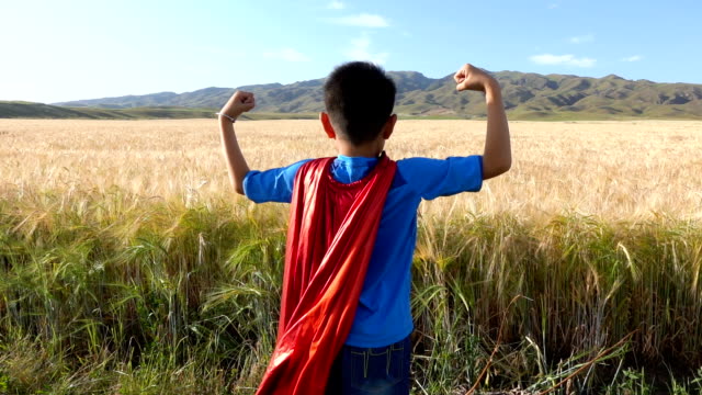 Super hero standing beside wheat fields