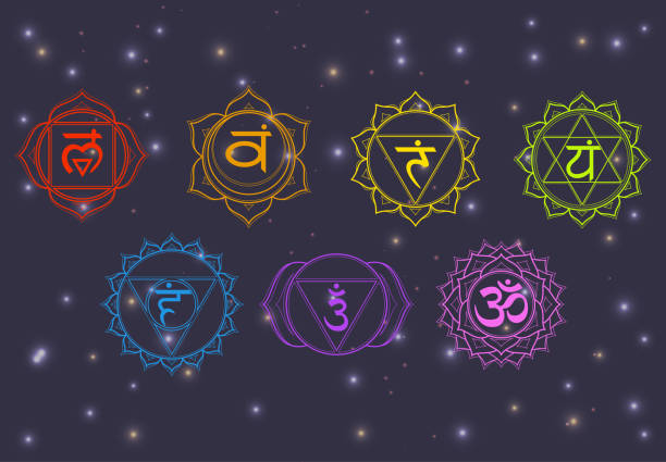 Chakras set: muladhara, swadhisthana, manipura, anahata, vishuddha, ajna, sahasrara. Vector line symbol on a dark sky with shining stars. Om sign on a black background. EPS 10 Vector illustration Chakras set: muladhara, swadhisthana, manipura, anahata, vishuddha, ajna, sahasrara. Vector line symbol on a dark sky with shining stars. Om sign on a black background. EPS 10 Vector illustration dharma chakra stock illustrations