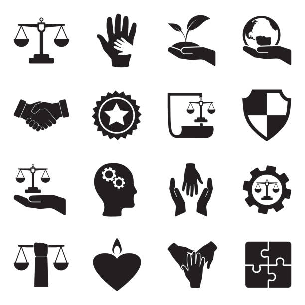 Ethics Icons. Black Flat Design. Vector Illustration. Honor, Ethics, People, Human humility stock illustrations