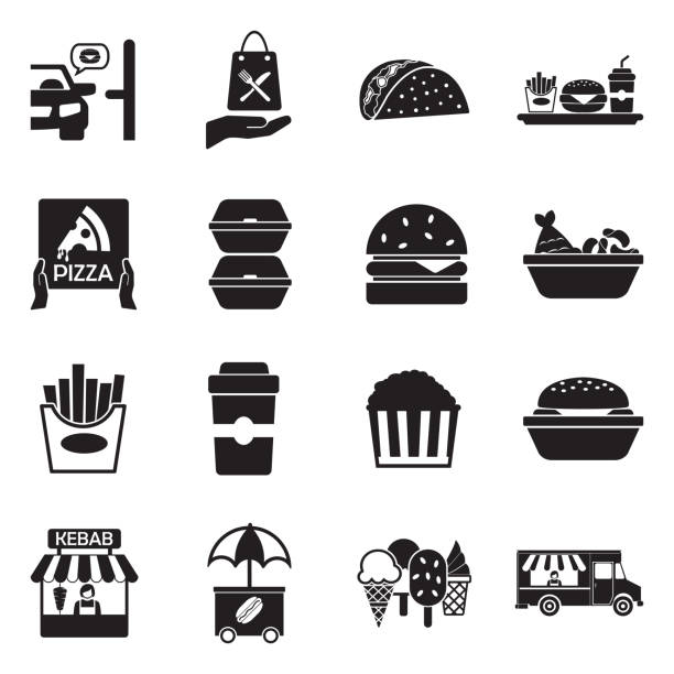 take away icons. schwarze flache design. vektor-illustration. - hamburger schnellgericht stock-grafiken, -clipart, -cartoons und -symbole