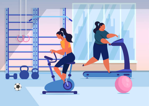 Girls Training in Gym Flat Vector Illustration Girls Training in Gym Flat Vector Illustration. Young Women in Sportswear Cartoon Characters. Slim and Fat Ladies on Exercise Bike and Running Track. Fitness Club Workout, Healthy Lifestyle treadmill stock illustrations