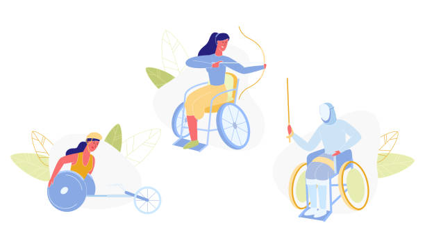 Female Handicapped People Doing Sport Activities. Female People with Disabilities Doing Sport Flat Cartoon Vector Illustration. Teenagers on Wheelchairs Doing Archery or Shooting. Handicapped Person Doing Fencing in Equipment. Riding. person sitting on fence stock illustrations