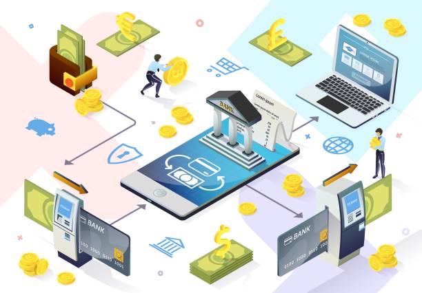 Electronic Banking System. Online Payments. Vector Online Banking. Online Payment System. Use Mobile Banking Application. Modern Technology. Perform Transaction. Banknote and Coin. Vector Illustration. Reading Data from Card. Electronic Banking System credit card paying banking business stock illustrations