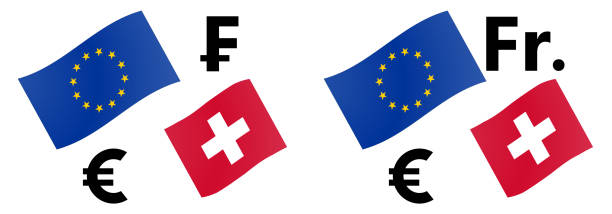 ilustraciones, imágenes clip art, dibujos animados e iconos de stock de ilustración vectorial del par de divisas de divisas eurchf. bandera de la ue y suiza, con símbolo euro y franco. - swiss culture switzerland business time