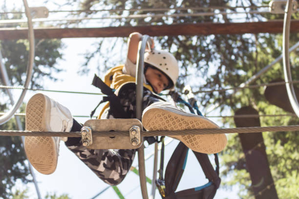 istock Below view of child getting through obstacles while walking on zip line. 1173527846