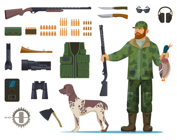 Hunter man with hunting equipment or items Hunter man with hunting equipment. Isolated rifle or shotgun, binoculars and gun, dog and duck, ammo and animal, axe and horn, headphones and glasses, camouflage. Shooter with trophy bird. boot knife camouflage clothing men stock illustrations