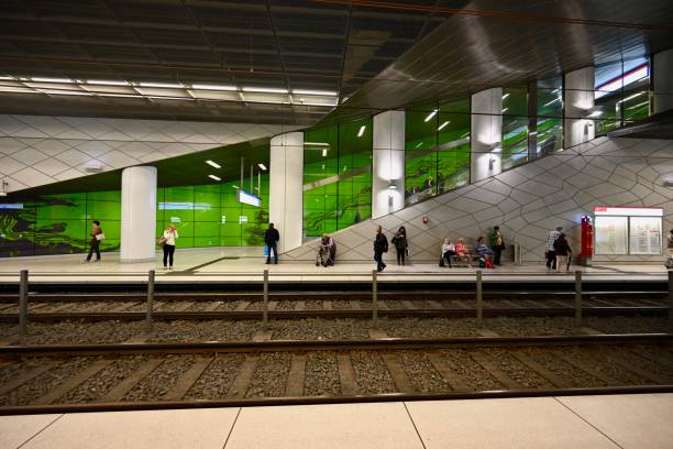 Duesseldorf, Germany, September 5, 2019: Photo of the subway station Graf-Adolf-Platz (abbreviation: Gap) in Duesseldorf. It is part of the Wehrhahn Line, which opened in February 2016. Some unidentified persons in the background.