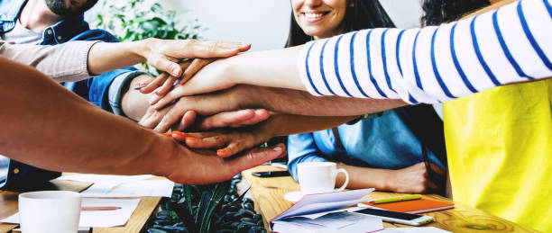 group of happy, excited and successful modern people in office. start up business team are holding hands together in circle. company of young students are celebrating some win. - hands clasped business education cooperation imagens e fotografias de stock