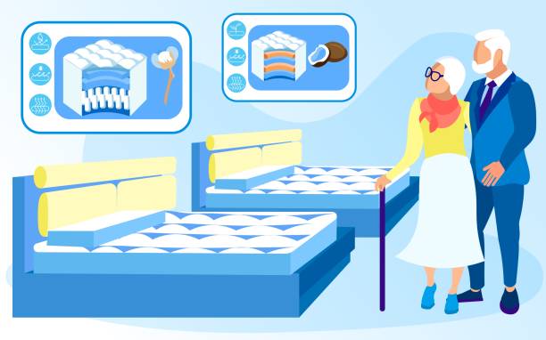 ilustraciones, imágenes clip art, dibujos animados e iconos de stock de pareja de ancianos que titula sobre mattress choice - hesitating